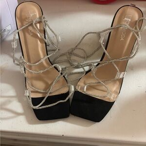 TOP Moda Black Square-Toe Heels with Silver Rhinestone Straps